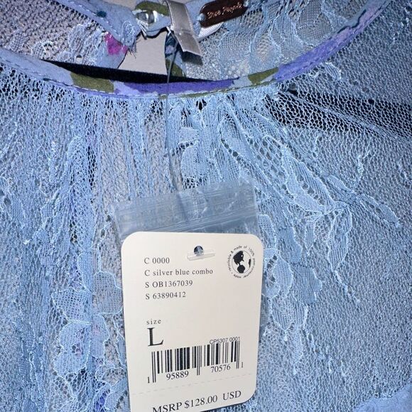 Free People | Daphne Blouse in Silver Blue Long Sleeve Lace Yoke & Cuff Size L - Picture 7 of 10